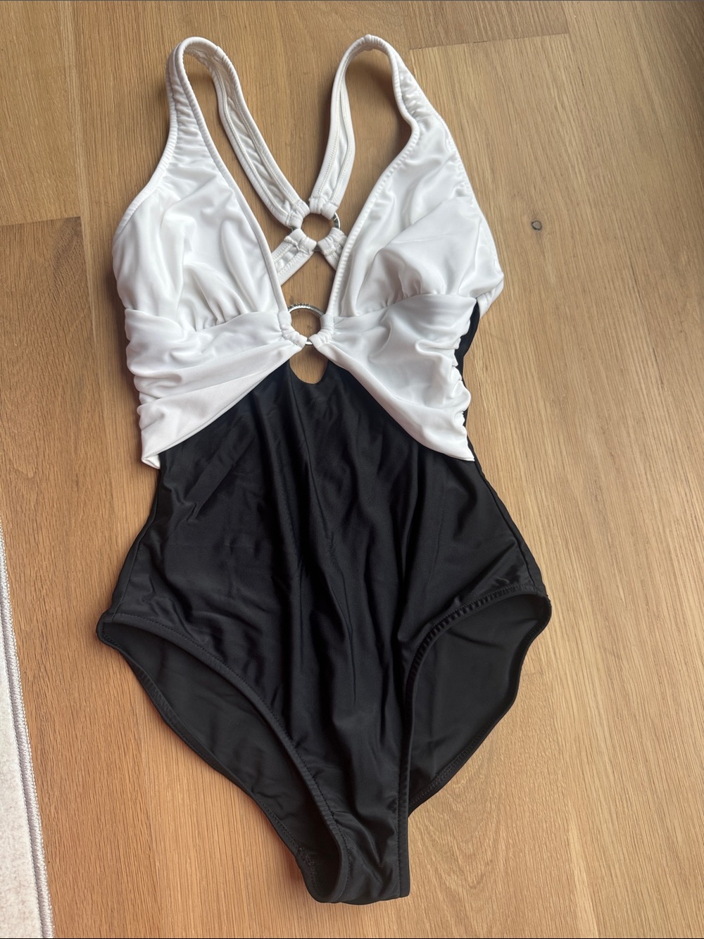 VENUS Black and White Womens One-Piece Swimsuit with Ring Detail
